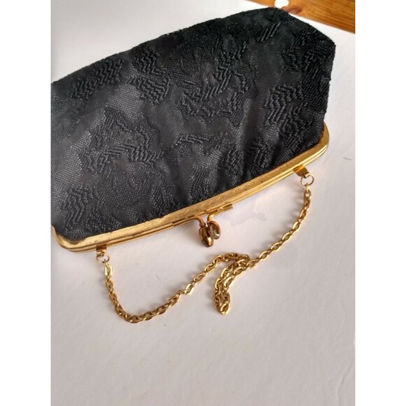 VINTAGE BLACK & GOLD FLORAL KNITTED BROCADE EVENING PURSE/HANDBAG/CLUTCH - Picture 10 of 10